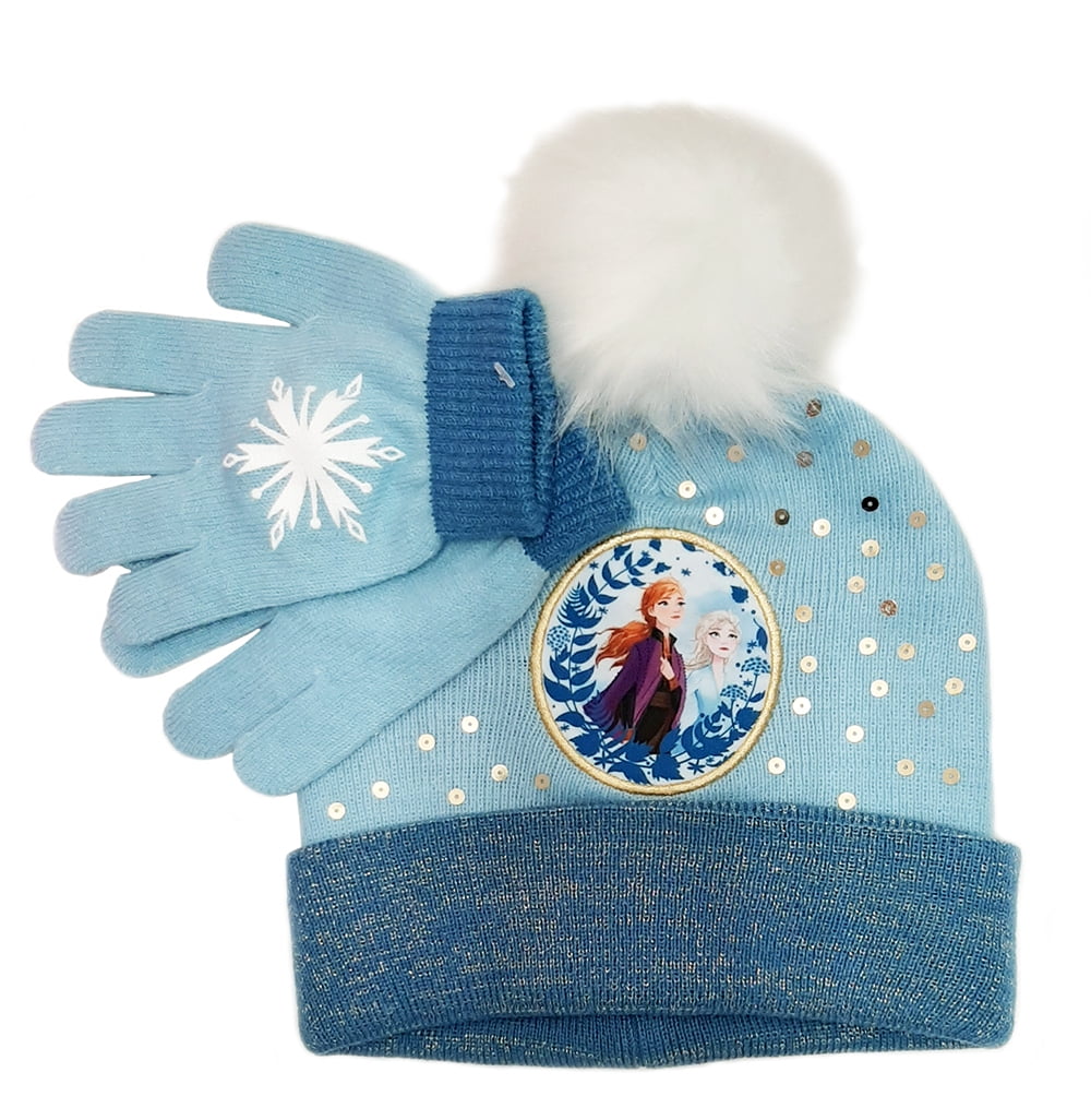 Girls Beanie w/ Pom Frozen 2 Elsa Winter Hat and Glove Set 