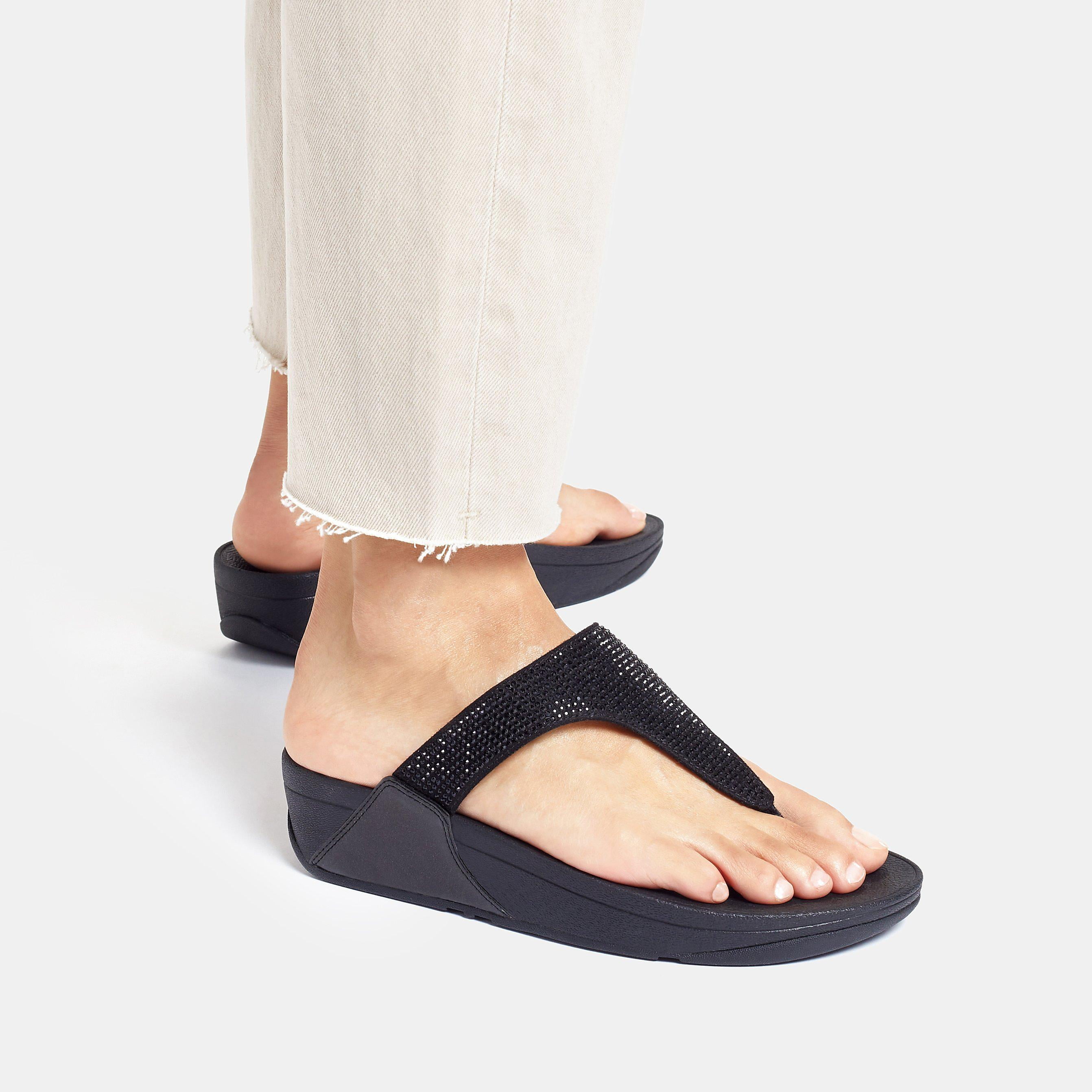FitFlop Women's Lulu Crystal Embellished Toe Post Wedge Sole Thong Sandal