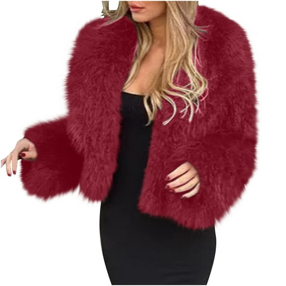 HTNBO Faux Fur Jacket Women Soft Open Front Lapel Furry Winter Coats Long Sleeve Fluffy Cropped Fleece Jackets Shaggy Coats