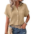 thumbnail image 4 of Pxiakgy Women Linen Button Down Shirt Rolled Cuffed Short Sleeve Blouse Ladies Summer Casual V Neck Beach Double Layer Wrinkled Fabric Tops Batwing Sleeve Pocket Patched Shirt Khaki M, 4 of 7
