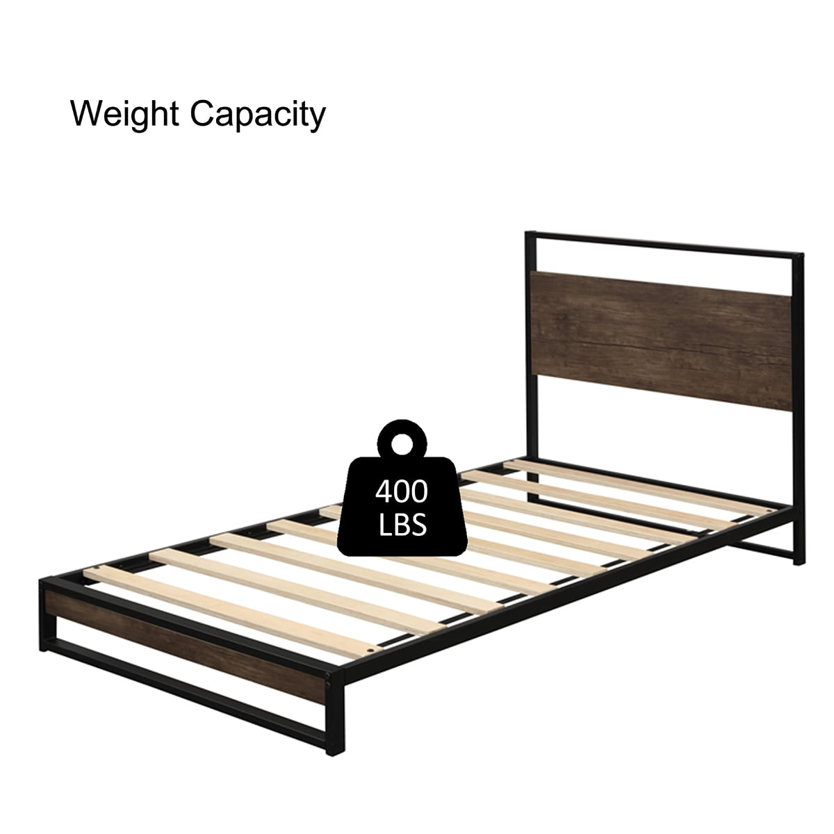 Private Jungle Twin Metal Bed Frame with Wood Slats, Platform Bed with Headboard, Sturdy Metal Frame