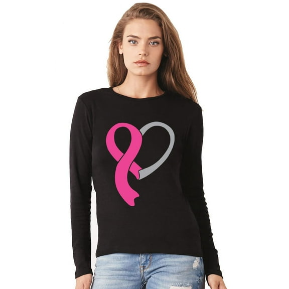 Ladies Breast Cancer Awareness Heart Ribbon Long Sleeve Tee - Black, Small
