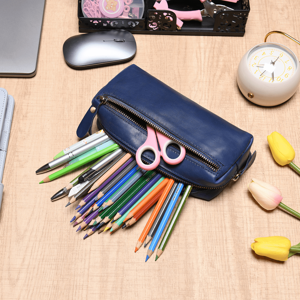 WONDERPOOL Pen Case Real Leather Pencil Pouch Markers Holder Big Capacity Bag with Side Zippered Pocket Sleeve for Stationery Makeup Utensils Organizer (Blue)