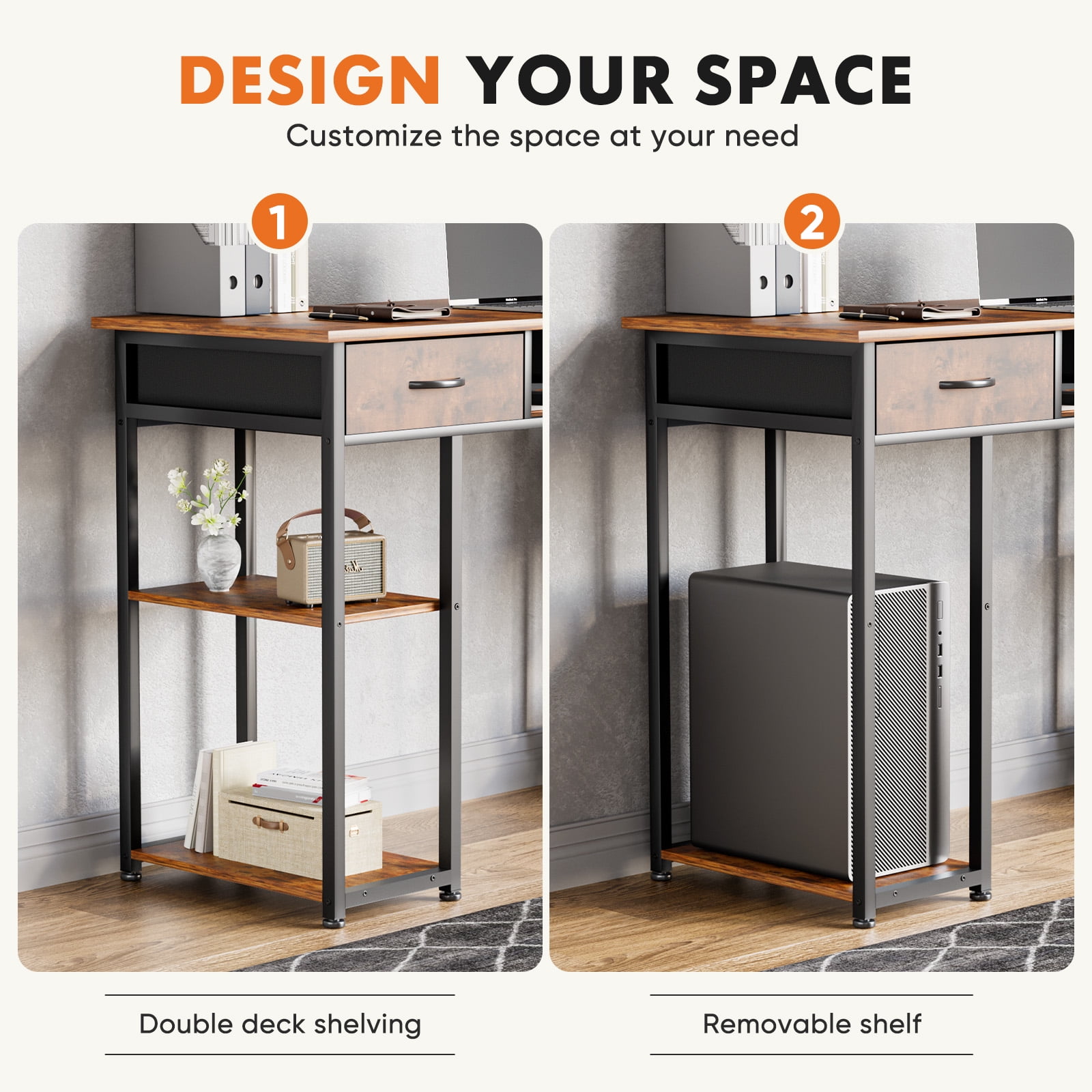 MAYEERTY 48in Adjustable Small Computer Desk, Metal Writing Study Table with Storage and Headphone Hook, Home Office