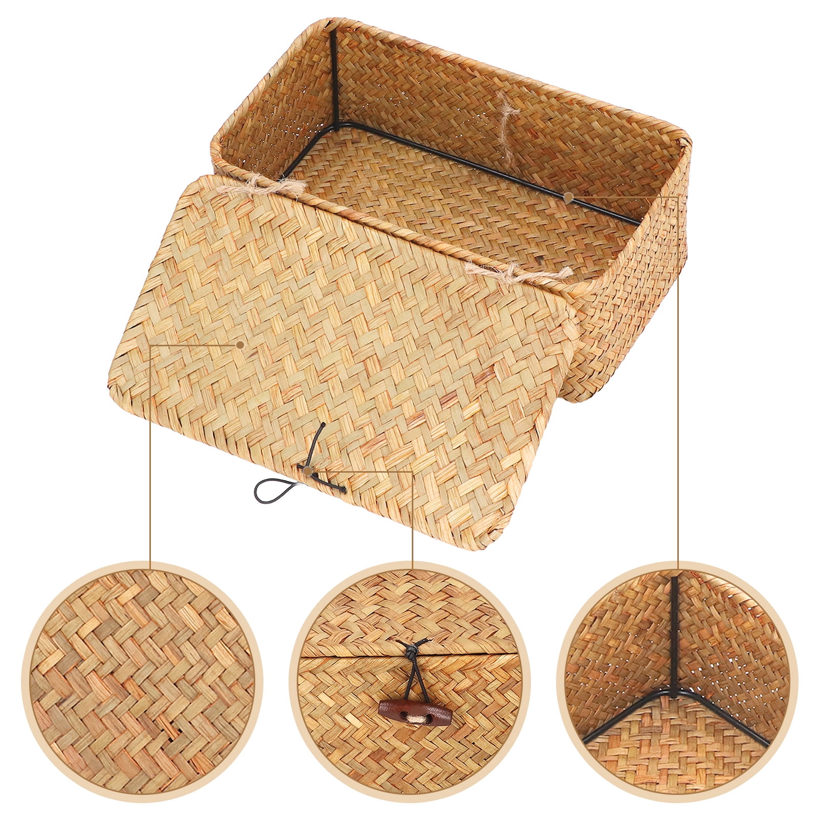 Seagrass Storage Basket, Simple Large Capacity Dustproof Soft Woven Rectangular Basket Bins With Lid For Bathroom L