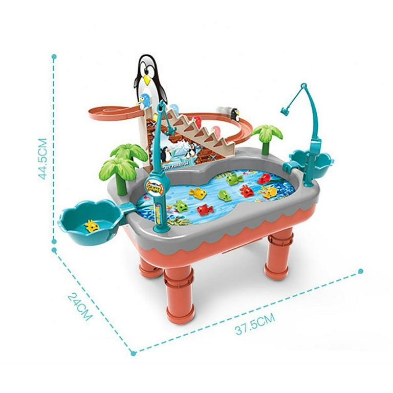 SYNPOS Kids Fishing Game Toys with Slideway, Electronic Toy Fishing Set  with Magnetic Pond, 9 Fish, 3 Penguin, 2 Toy Fishing Poles 