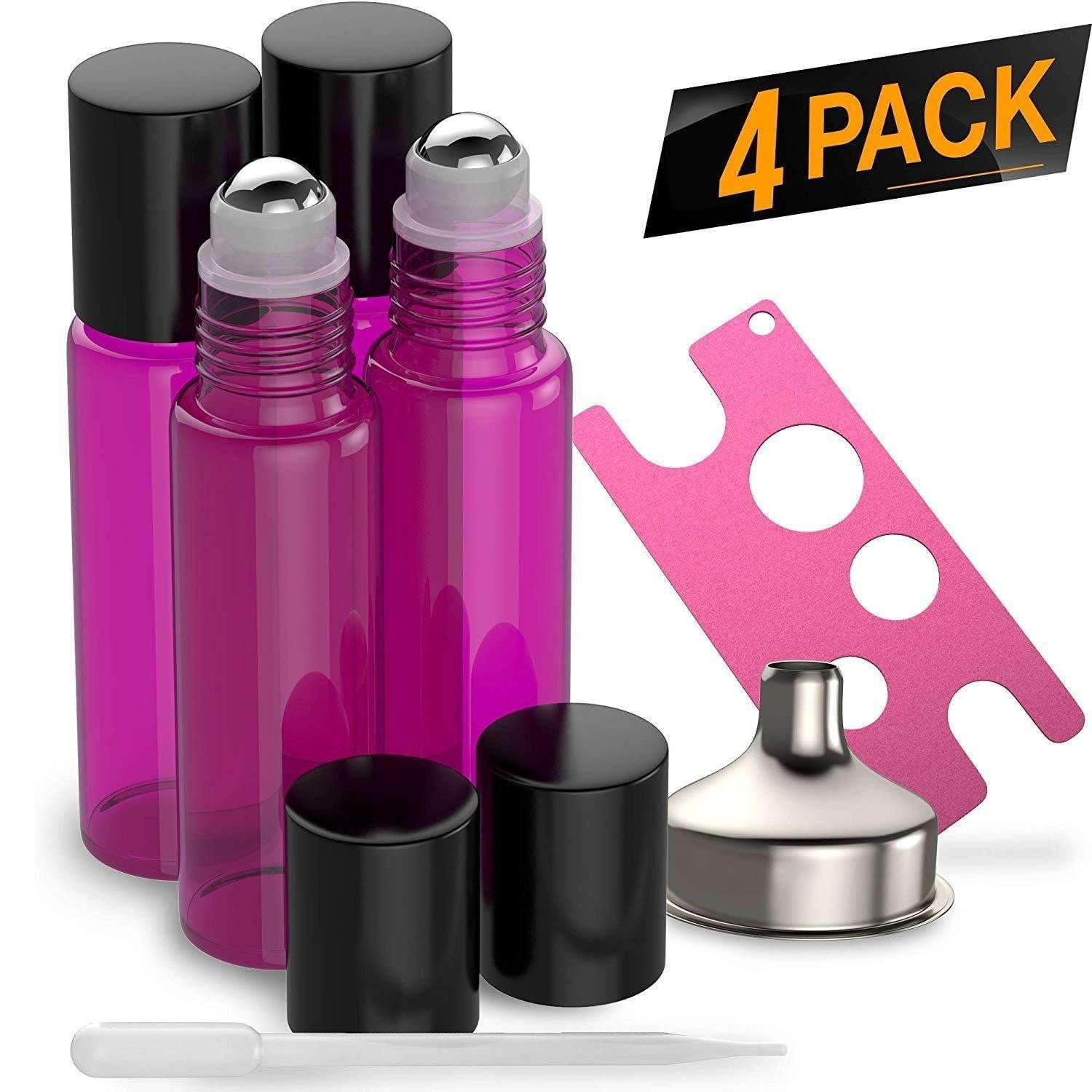 4 Pack Essential Oil Roller Bottles [Metal Chrome Roller Ball] FREE