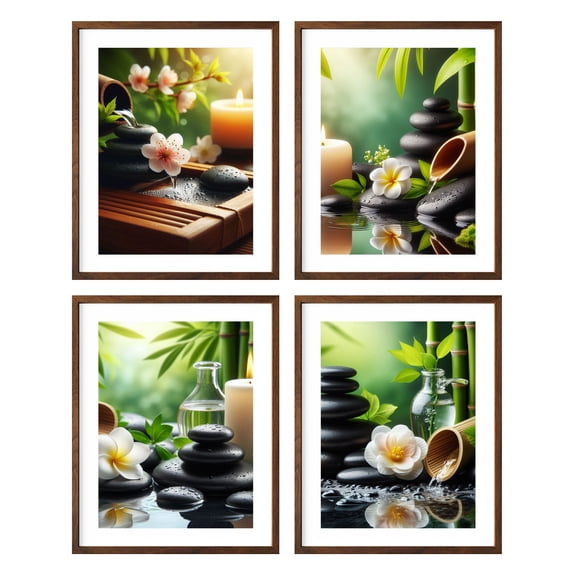 Zen Stones Relax and Calm Massage Laundry Room Bathroom Decor Set of 4 Framed Bamboo Wall Art Print