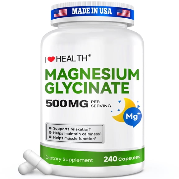 Magnesium Glycinate 500mg - Maximum Strength Magnesium Supplement for Women and Men for Muscle Cramps and Sleep Support - 240 Capsule