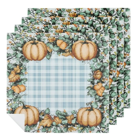 Heduofu Fall Cloth Napkins, Blue Pumpkin Buffalo Plaid Thanksgiving Autumn Dinner Decoration Washable Napkins 2 PCS