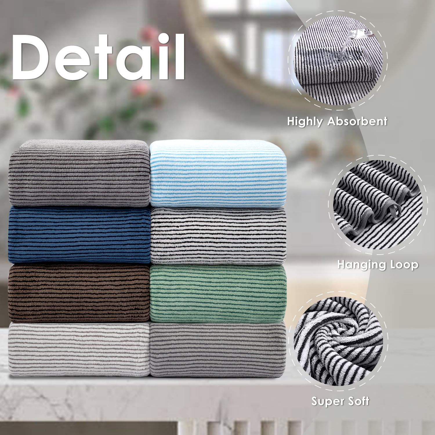 Smuge 8 Piece Extra Large Bath Towel Sets, 2 Large Bath Towels , 2 Hand Towels, 4 Washcloths, Soft Microfiber, Quick Dry, Highly Absorbent Oversized Bath Towels for Bathroom Kitchen Spa(Black White)
