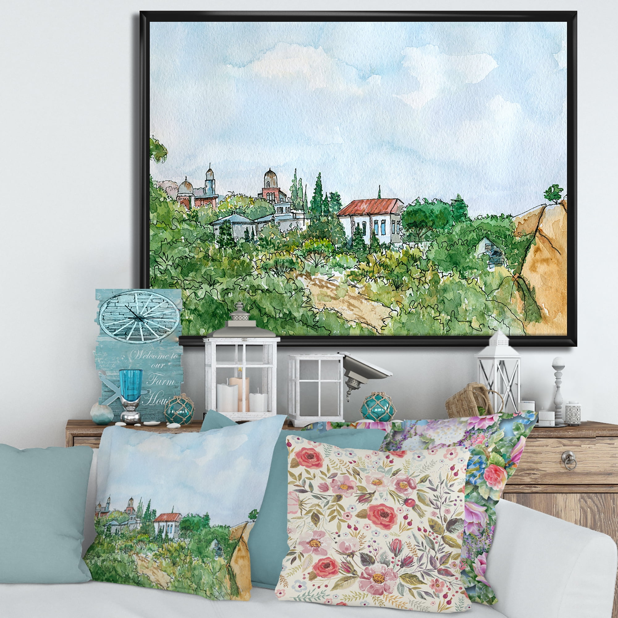Designart 'White House With Red Roof In The Lush Green Countryside' Traditional Framed Canvas Wall Art Print