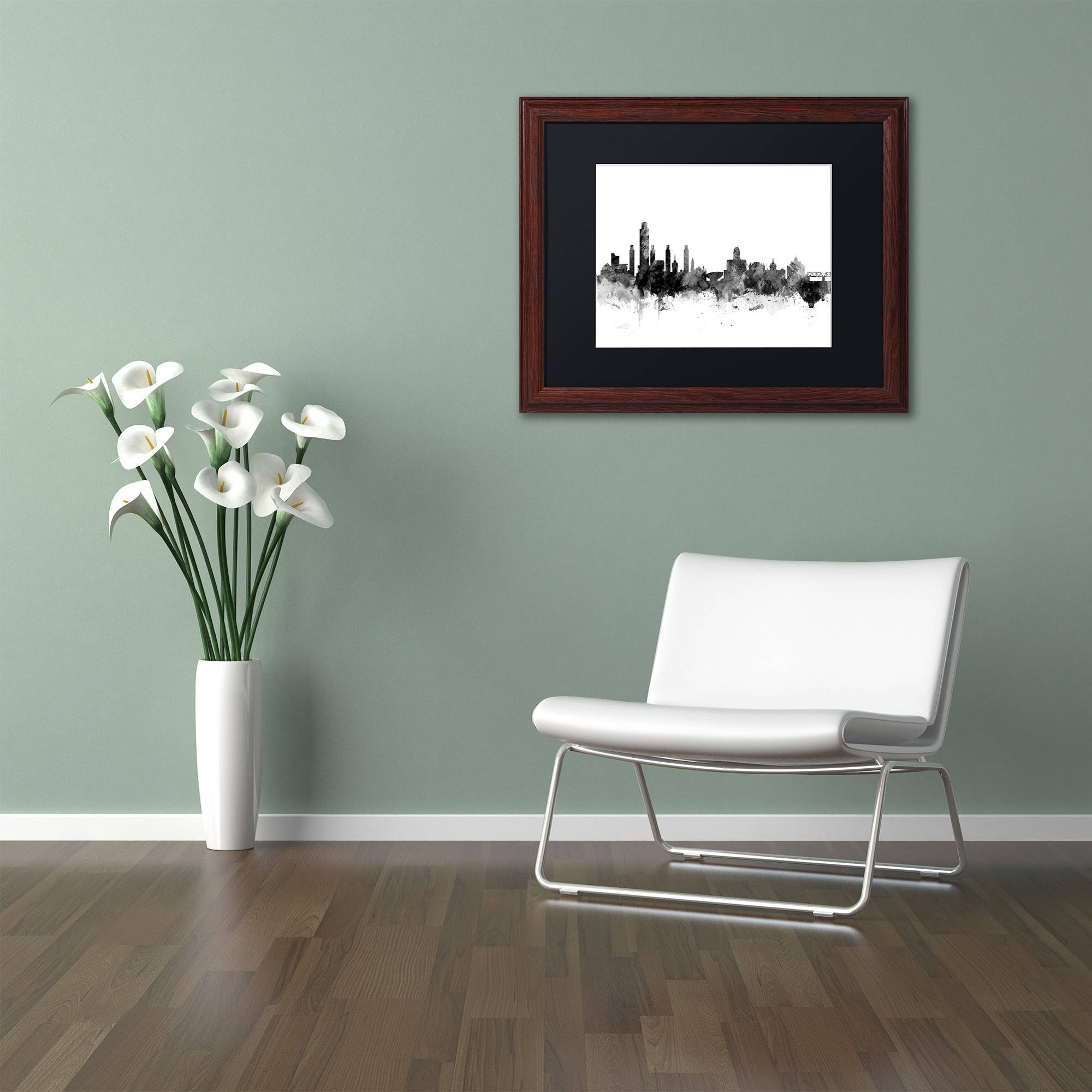 Trademark Fine Art "Albany New York Skyline B&W" Canvas Art by Michael Tompsett, Black Matte, Wood Frame
