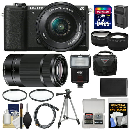 Sony Alpha A5100 Wi-Fi Digital Camera & 16-50mm Lens (Black) with 55-210mm Lens + 64GB Card + Case + Flash + Battery & Charger + Tripod Kit