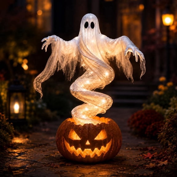 Ghost Pumpkin Lighted Garden Stake Swirling Halloween Outdoor Decoration Warm LED Lights 51-Inch