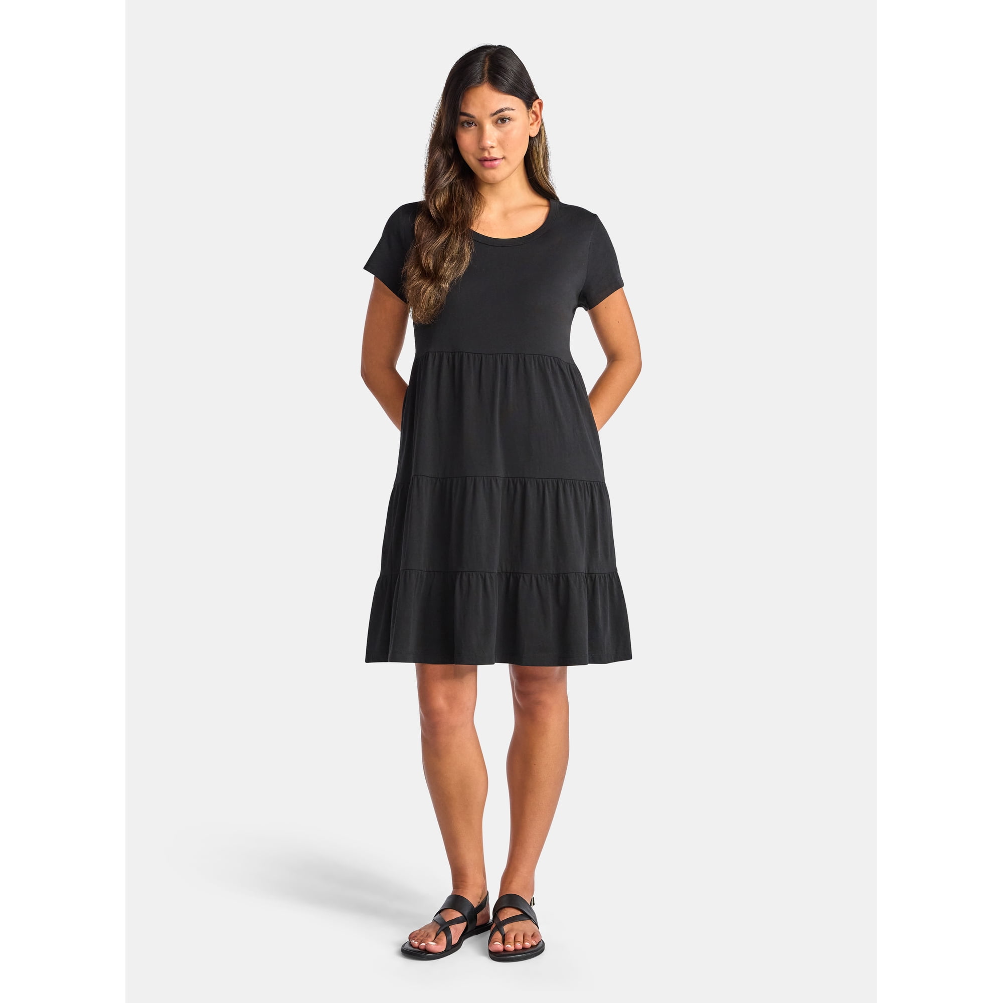 Time and Tru Women's Tiered Cotton Dress with Short Sleeves, Sizes XS-XXXL
