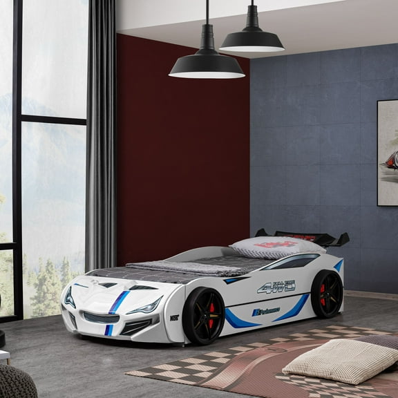 Furniture of America Speeds Kids Twin Platform ABS Plastic Race Car Bed with Trundle, White