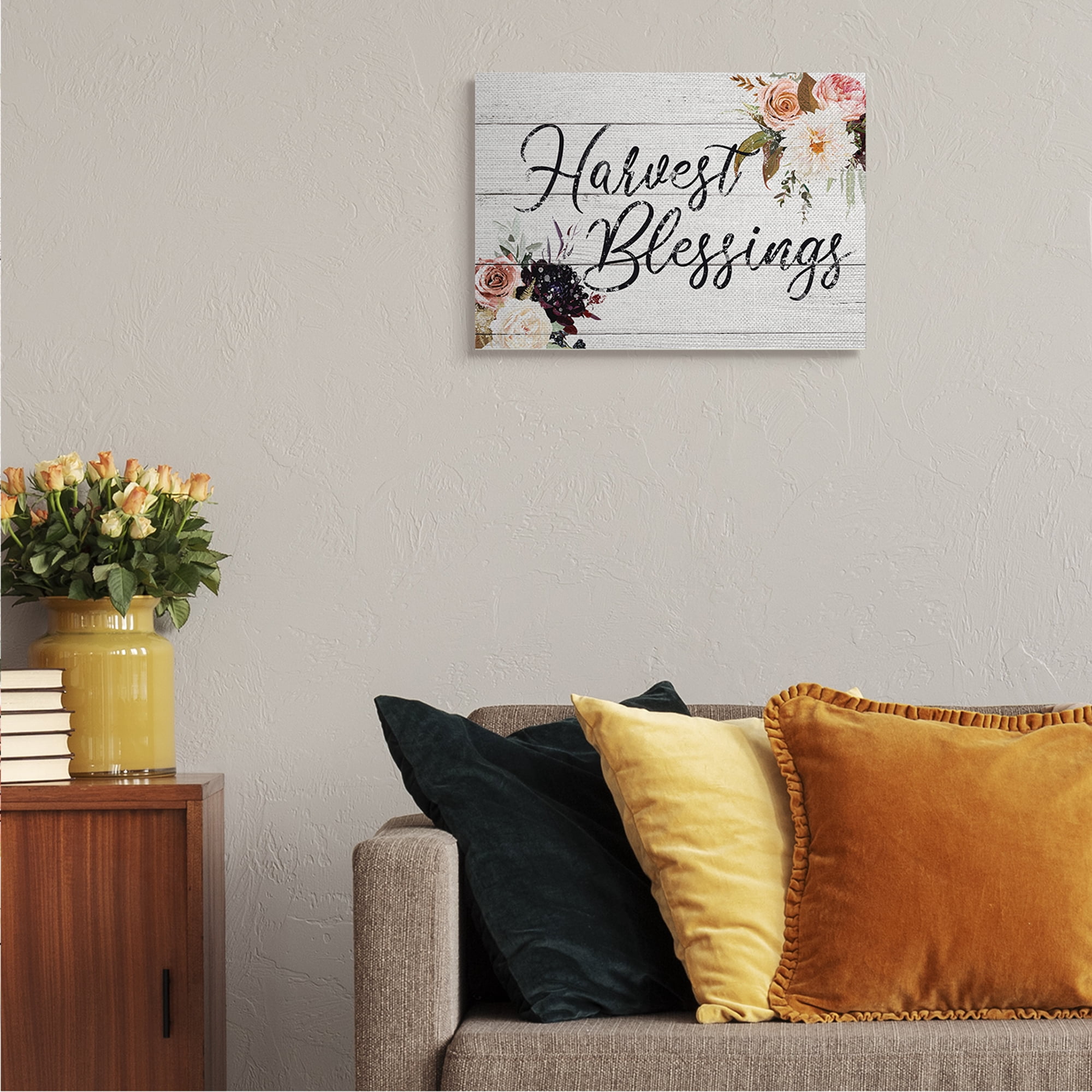 Stupell Industries Harvest Blessings Phrase Pink Peony Floral Arrangements Botanical & Floral Painting Gallery Wrapped Canvas Art Print Wall Art, 16 x 20
