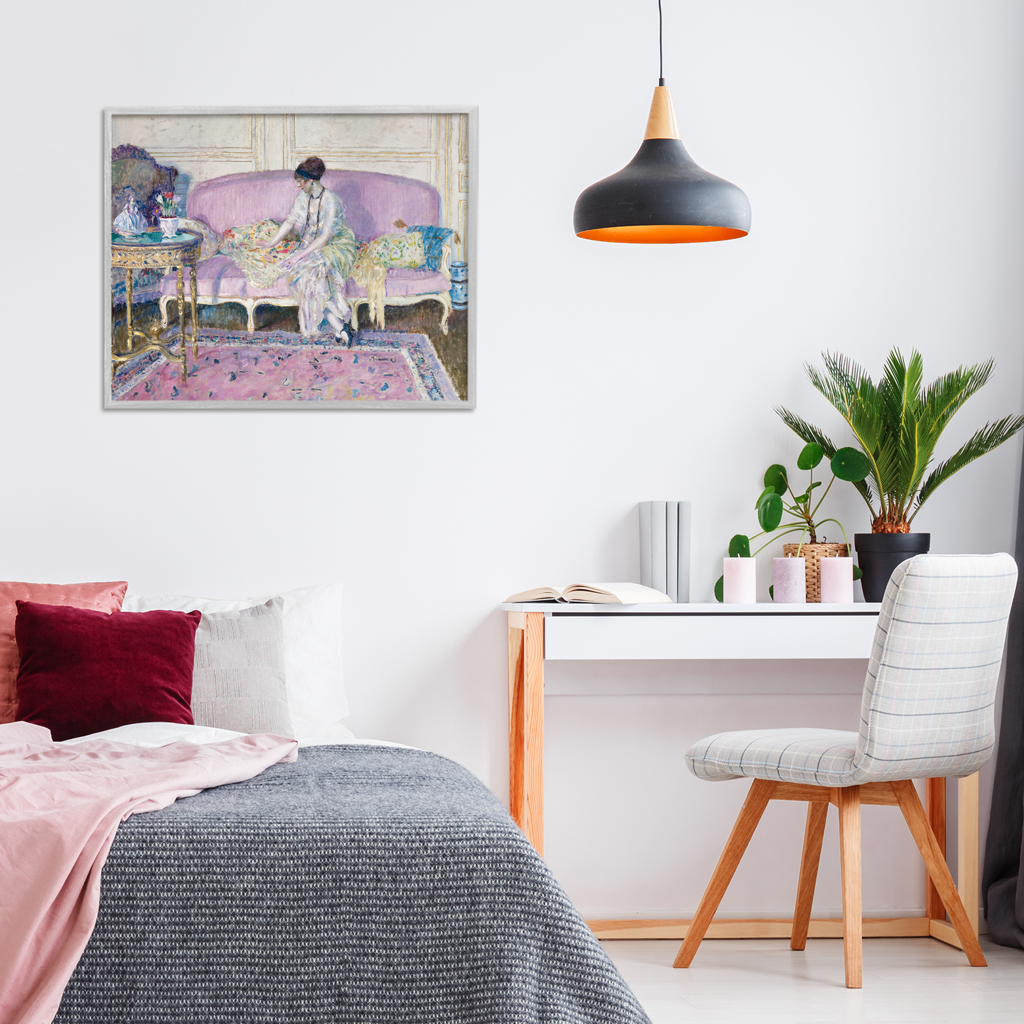 Woman Seated on Sofa Gray Framed Giclee Art, design by Wild Apple Portfolio