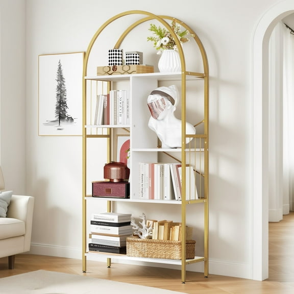 ModFusion 5-Tier Arched Bookshelf/Bookcase with Metal Frame, Gold and White, 31.5 x 67.7 Inches