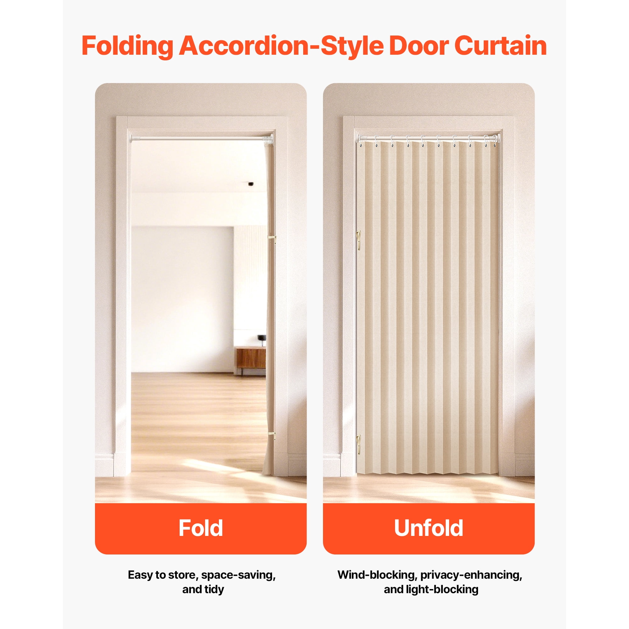 KFFKFF Accordion Door, 47 x 78 inch, Blackout Fabric Folding Magnetic Curtain, with Hanging Hooks, Interior Divider for Doorways, Closets, Bedrooms, Bathrooms, Living Rooms, Beige, 1 Panel
