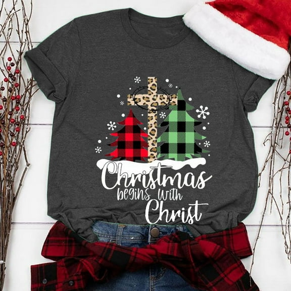 jsaierl Women's Christmas Shirts Short Sleeve Christmas Tree Plaid Pattern Tops Fashion V Neck Shirt Bleached Cute Tees Blouse Top Christmas Gifts for Teen Girls