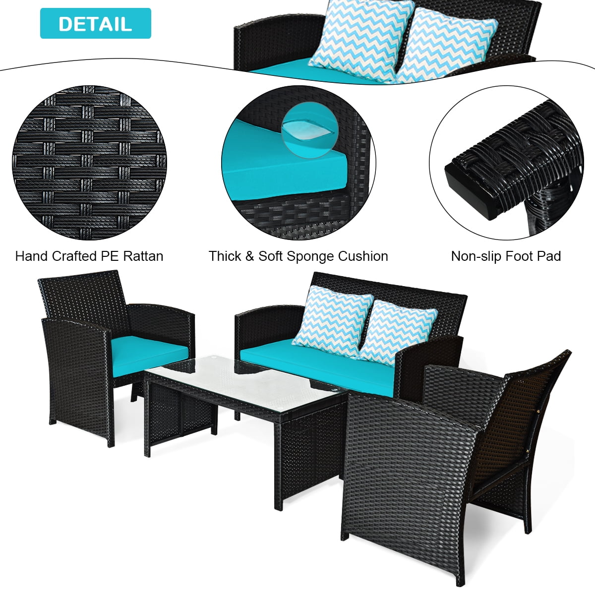 Costway 4PCS Patio Rattan Furniture Conversation Set Cushion Sofa Table Garden Turquoise