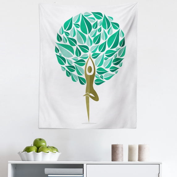 Tree Tapestry, Human Shape Yoga Exercise Pose Leaves on Neutral Horizontal Stripes, Fabric Wall Hanging Decor for Bedroom Living Room Dorm, 5 Sizes, Jade Green Fawn and Pearl, by Ambesonne