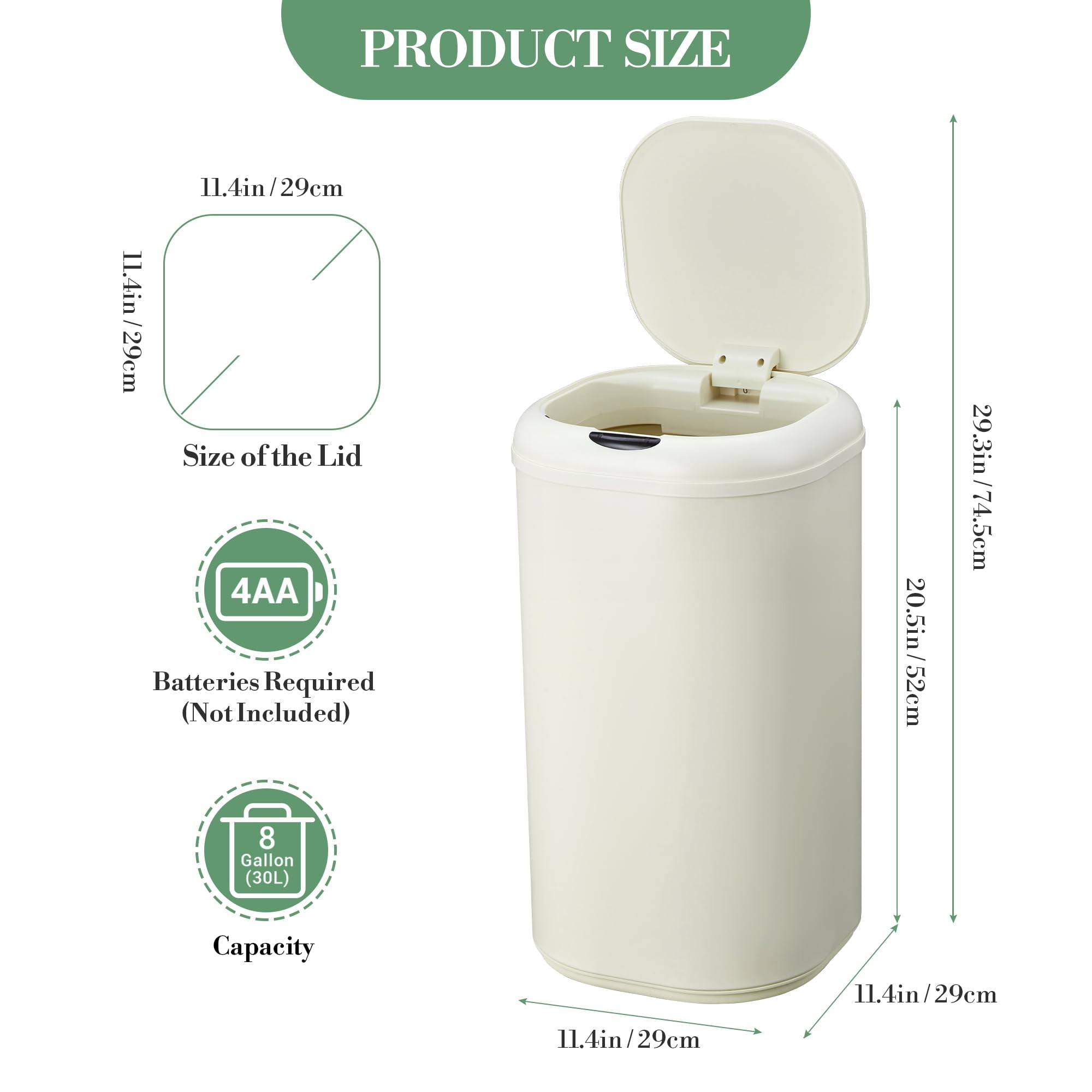 Kitchen Trash Can with Lid, 8 Gallon Automatic Garbage Can for Bathroom Bedroom Home Office, 30 Liter Touch Free High-Capacity Stainless Steel Waste Bin