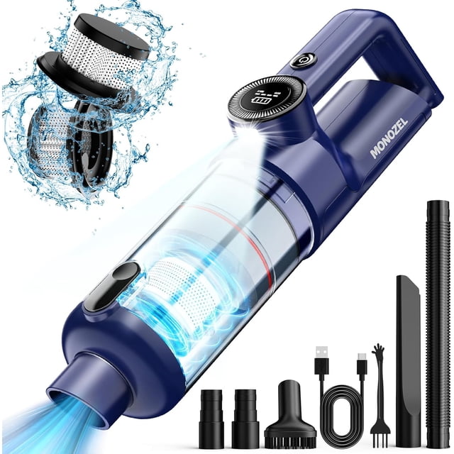 MONOZEL Aspiradora portátil inalámbrica para coche, aspiradora de mano inalámbrica con motor sin escobillas, 15000 Pa fuerte succión con luz LED, cable tipo C, 2 Fliters, aspiradora de mano para el