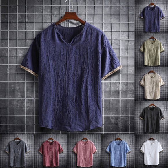 Momasggi Cotton Linen T Shirts for Men Big and Tall Short Sleeve V Neck Shirt Summer Casual Tshirts Lightweight Breathable Daily Tops Navy L