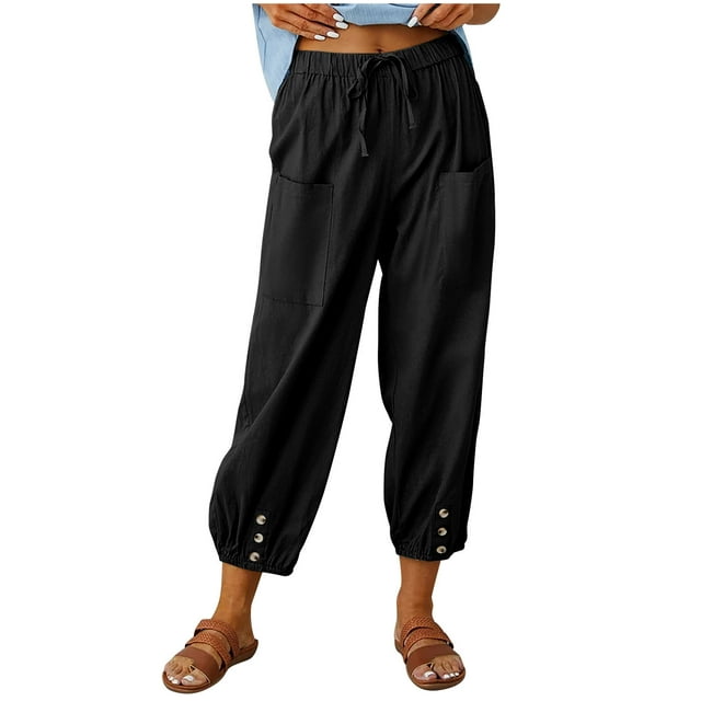 Timegard Women's Cotton Linen Elastic Waist Drawstring Button Summer Lounge Trousers with Pockets, XX-Large
