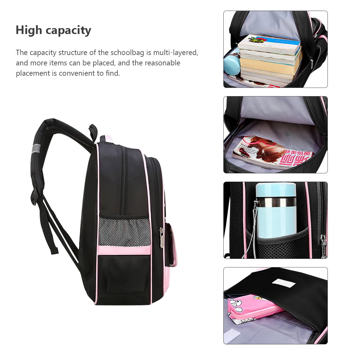 Kadyn School Backpack Set, Black+Pink Kids Backpack with Lunch Bag, Elementary Bookbag for Children Kadyn School Backpack Set, Black+Pink Kids Backpack with Lunch Bag, Elementary Bookbag for Children