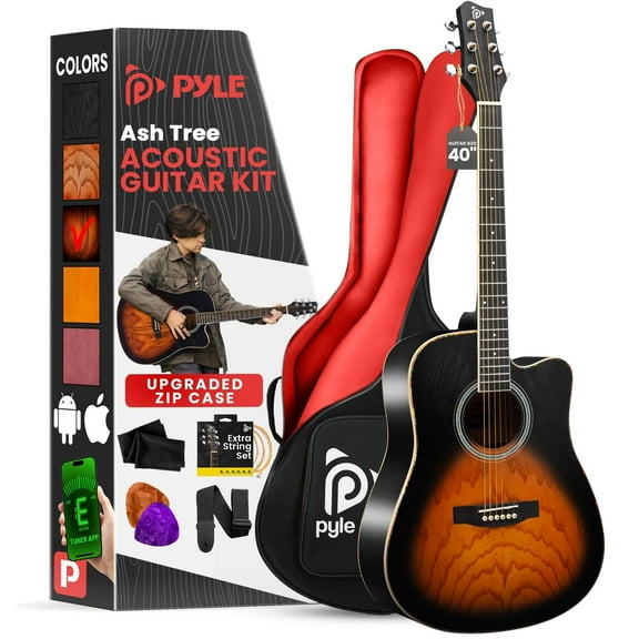 Pyle Steel String Acoustic Guitar Kit, 41" Full Size Cutaway with Ashtree Top, Open Pore Finish, Premium Accessory Set with Armored Gig Bag, Sunburst Teardrop Matte