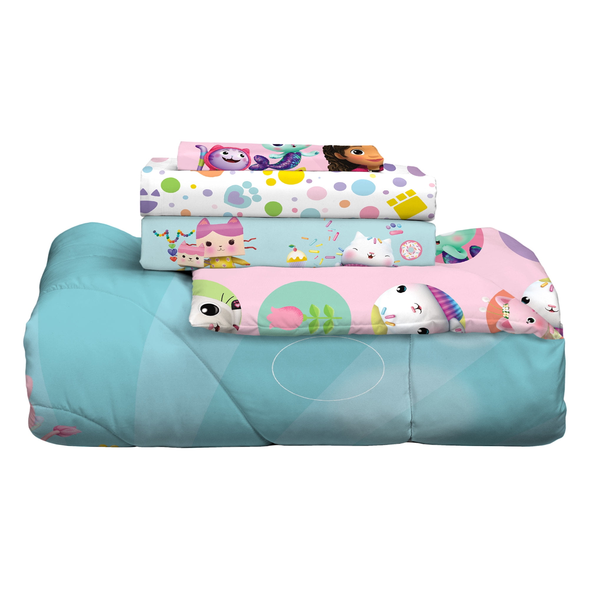 Gabby's Dollhouse Kids 4 Piece Teal Blue White Reversible Comforter, Bed in a Bag, Twin
