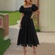 thumbnail image 5 of Vestido de Manga Larga Maxi para las Mujeres Caída Sólido Plisado, Sexy Manga Corta Elástica Cintura Boho Bolsillos, 5 of 9