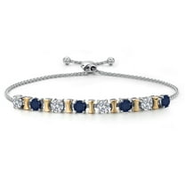 Gem Stone King 925 Silver and 10K Yellow Gold Lab Grown Diamond and Blue Sapphire Bracelet for Women | 2.48 Cttw | Gemstone April Birthstone | Round 4MM | Adjustable up to 9 inch