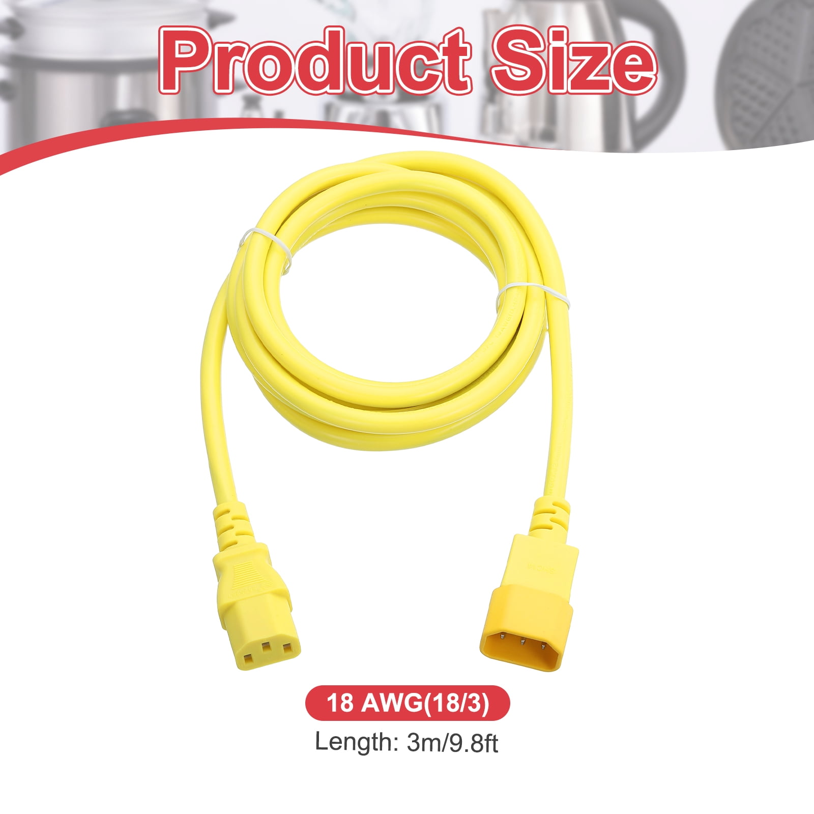 10ft 18 AWG Yellow 18/3 Universal Power Cord C14 to C13 10A 250V 3-Prong Extension PDU Power Cables