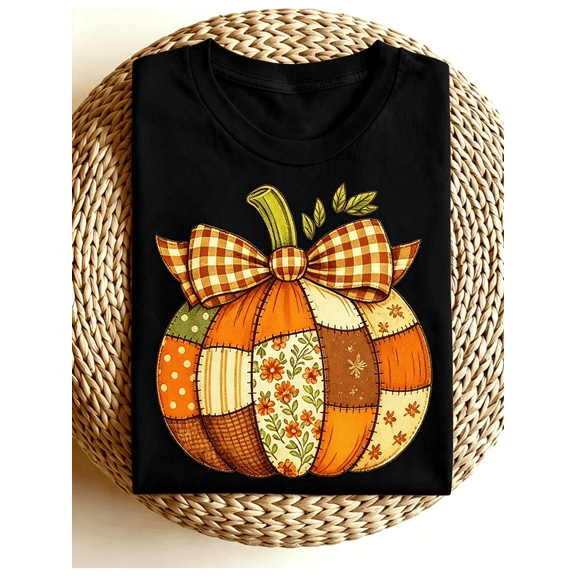 Fall Patchwork Pumpkin Bow Graphic T‑Shirt for Women, Retro Autumn Harvest Short Sleeve Crewneck Casual Tee Top