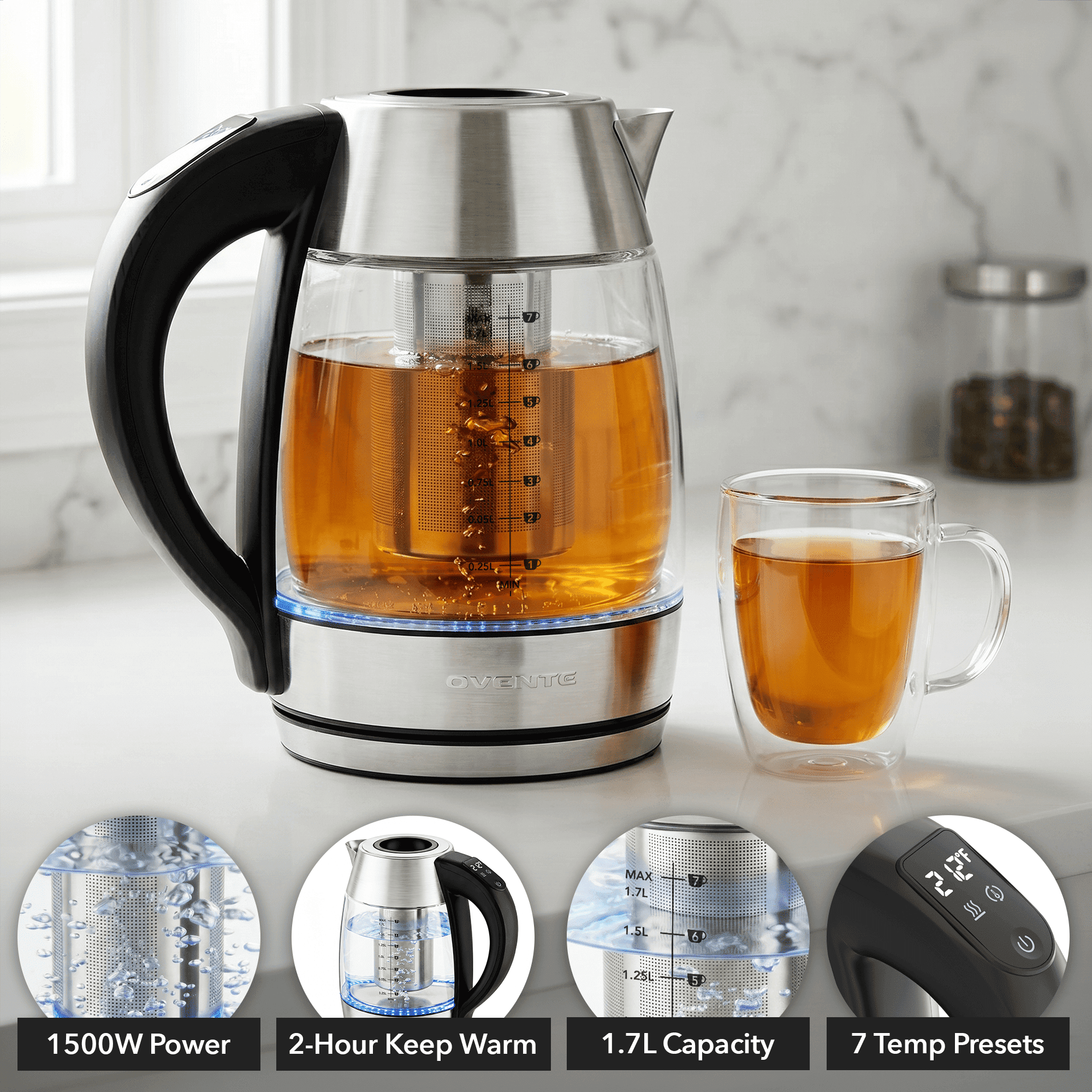 OVENTE 1.7L Glass Electric Kettle with Tea Infuser, Silver KD68S | 1500W Fast Boiling, Easy Fill Lid, 7 Temperature Control, Borosilicate Glass, Keep Warm, Auto Shut-Off, Boil-Dry Protection