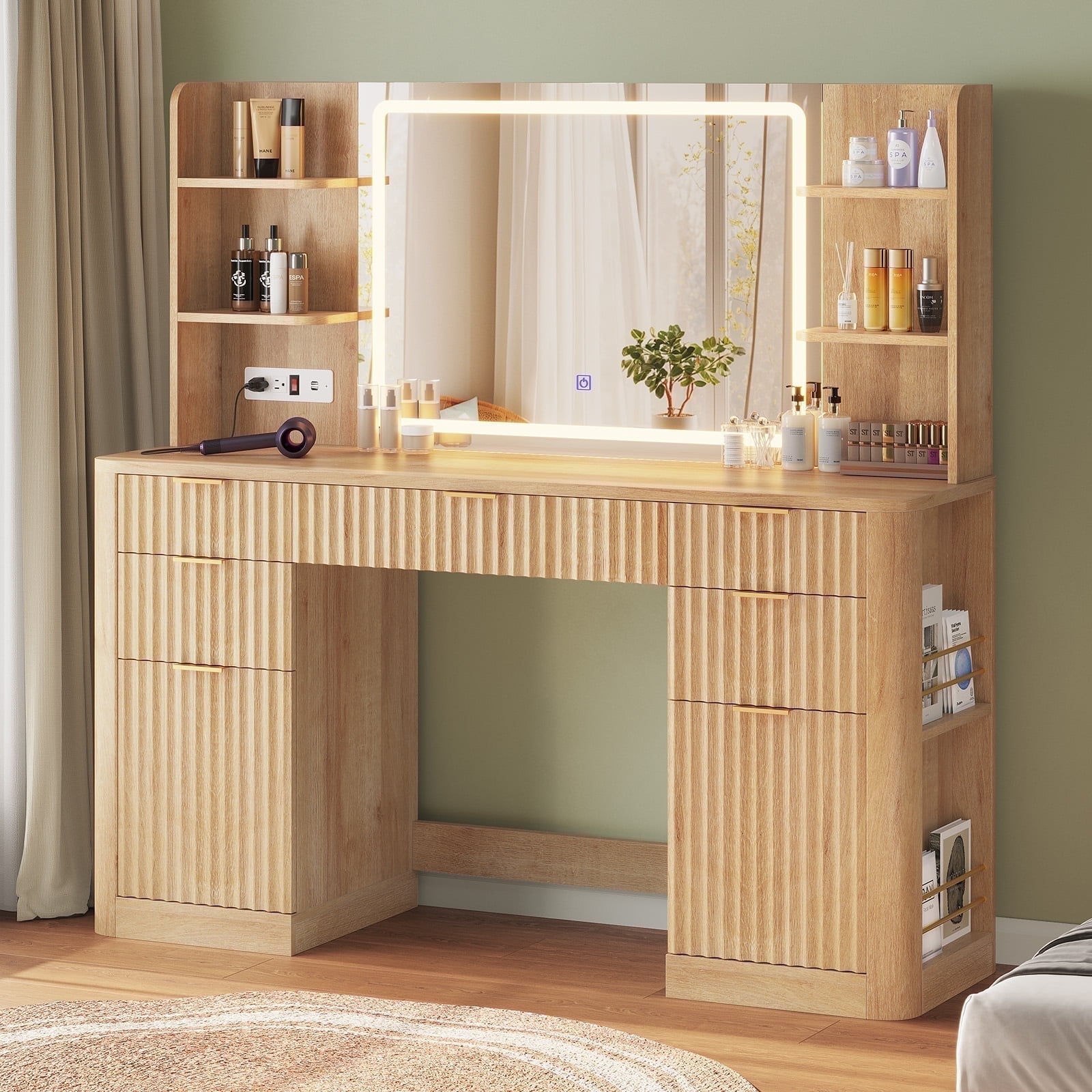 Plonmago Vanity Desk with Large Mirror and Lights, 5 Drawer Vanity with Power Strip, 6 Open Shelves, 2 Cabinets, Modern Dressing Table with Solid Wood Legs for Bedroom, 51.2" Fluted Makeup,Oak