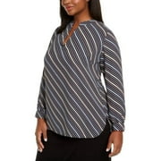 Anne Klein Women's Plus Size Striped Split-Neck Top Dark Gray Size 1X
