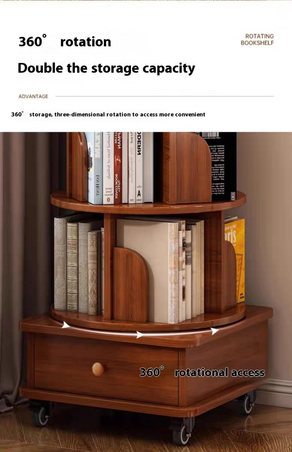 6-Tier Rotating Bookshelf, 360° Display Corner Bookcase with Wheels, Freely Assembled Narrow Storage Rack, Wood Organizer for Bedroom Living Room Study, Walnut Brown