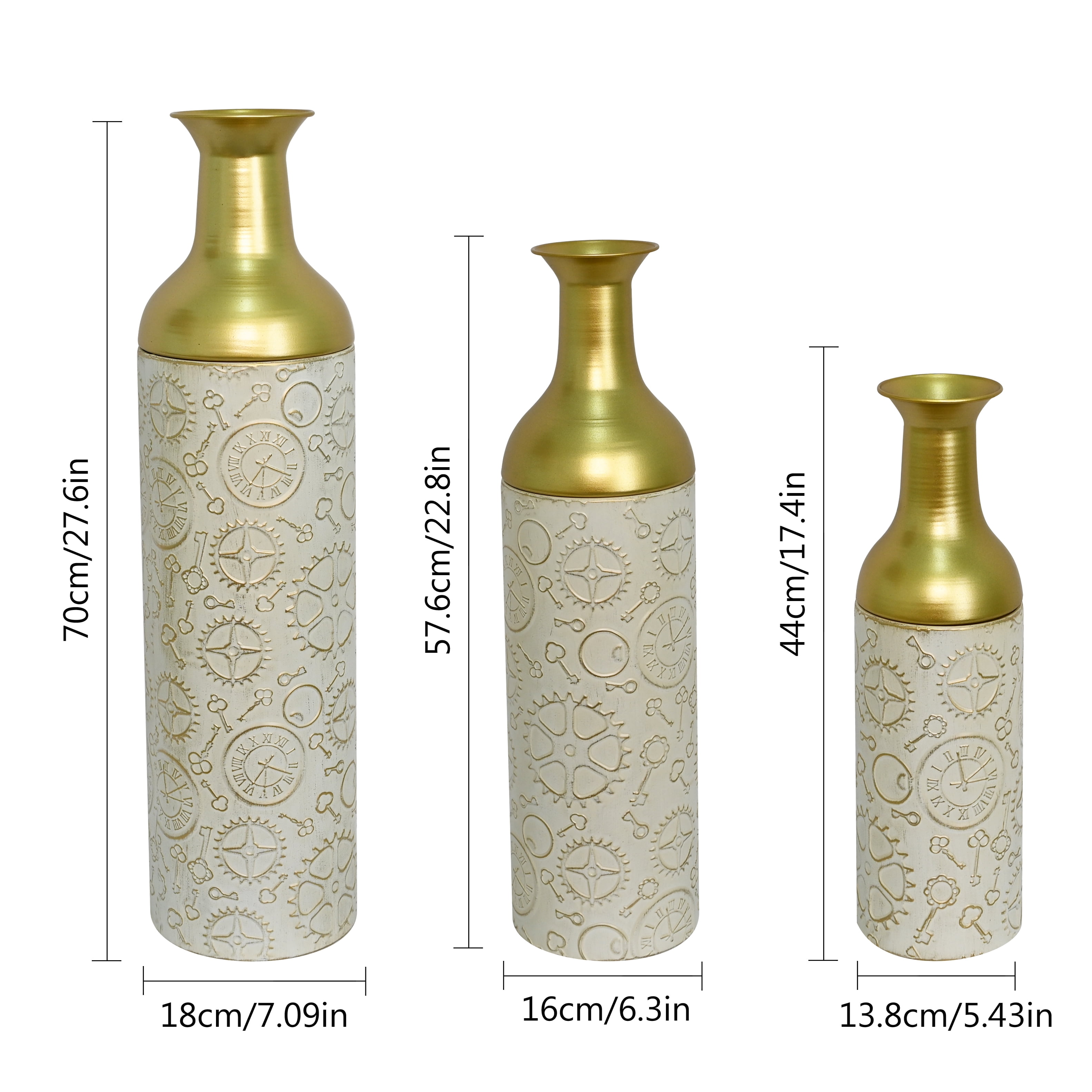 Metal Floor Vases Set of 3 with Leaf Pattern, Tall Decorative Vases and Home Decor Accents for Living Room Entryway, Antique White and Gold