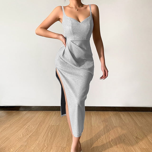 Gspmoly Robe d'Été, Mode Femmes Été Décontractée Unie à Col en V Camis Sans Manches Gilet Longue Robe Robes Formelles pour Femmes Offres Prime