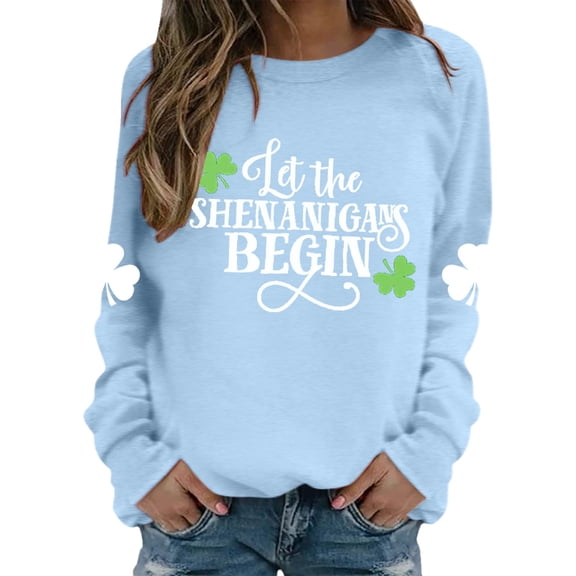 St Patricks Day Crewneck Sweatshirts Women Letter Print Shirt Clover Shamrock Graphic Long Sleeve Pullover Tops Irish Tshirt Sky Blue XL