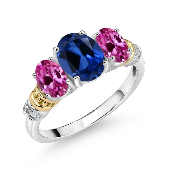 Gem Stone King 925 Silver and 10K Yellow Gold Oval Blue and Pink Created Sapphire and Diamond 3 Stone Ring for Women (2.63 Cttw, Gemstone September Birthstone, Size 8)