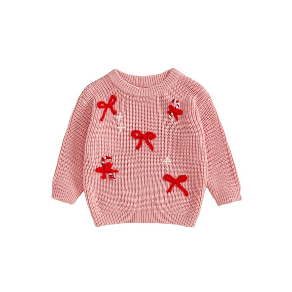 Miaouyo 0-3T Toddler Baby Girls Knit Christmas Fall Sweaters Long Sleeve Round Neck Bow Candy Cane Embroidery Knitwear