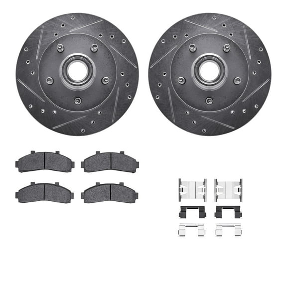Dynamic Friction Company Front Brake Rotors-Drilled and Slotted-Silver with 5000 Advanced Brake Pads includes Hardware 7512-54107