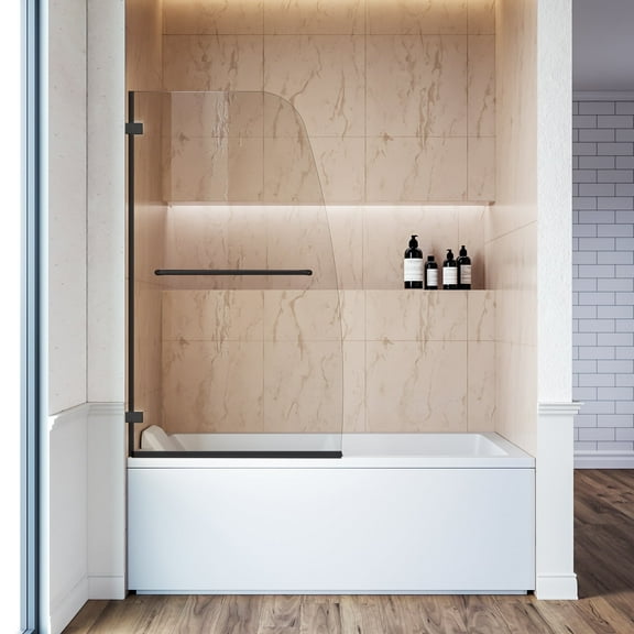 SUNNY SHOWER Frameless 34" W x 58" H Tub Door with 5/16" Clear Glass Pivot Hinged Shower Door Black
